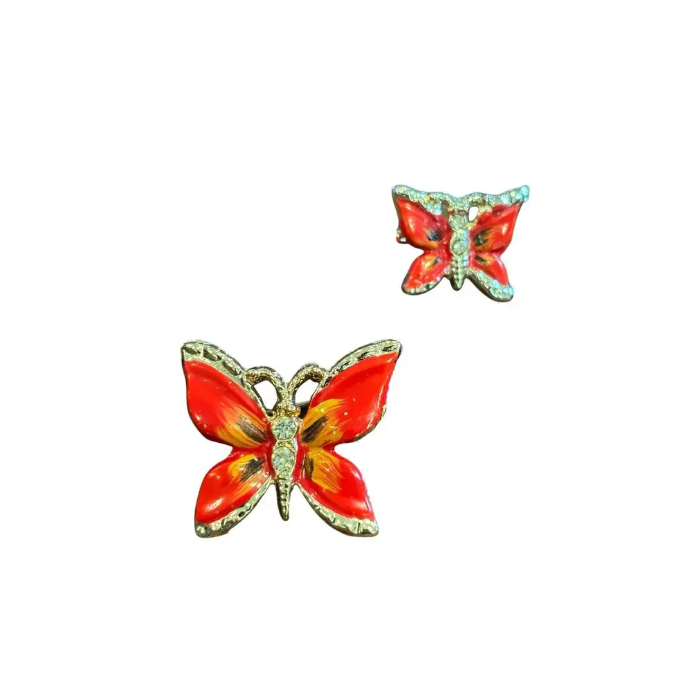 Vintage Red Enamel Butterfly Brooch Set Rhinestone Gold Tone Mother Daughter